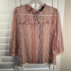Allegra K Women's Pink Sheer Lace Top Size Medium Lace Floral Boho Layering